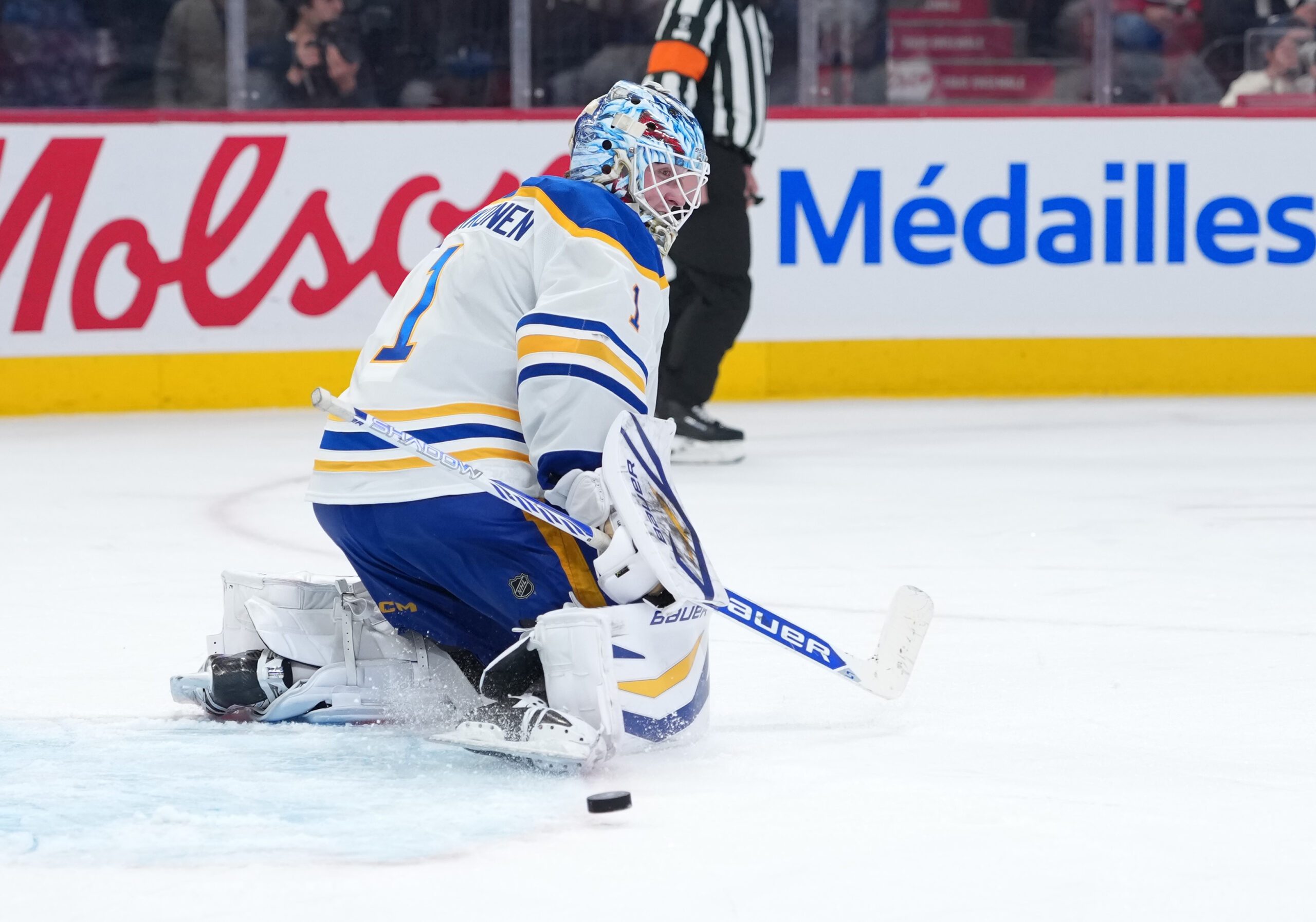 Jan 22, 2026; Montreal, Quebec, CAN; Buffalo Sabres goalie Ukko-Pekka Luukkonen (1) makes a pad save during the third period against the Montreal Canadiens at the Bell Centre. Mandatory Credit: Eric Bolte-Imagn Images