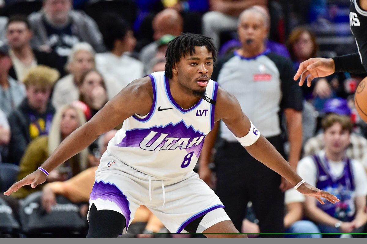 Jan 22, 2026; Salt Lake City, Utah, USA; Utah Jazz guard Isaiah Collier (8) defends against the San Antonio Spurs during the second half at Delta Center. Mandatory Credit: Peter Creveling-Imagn Images