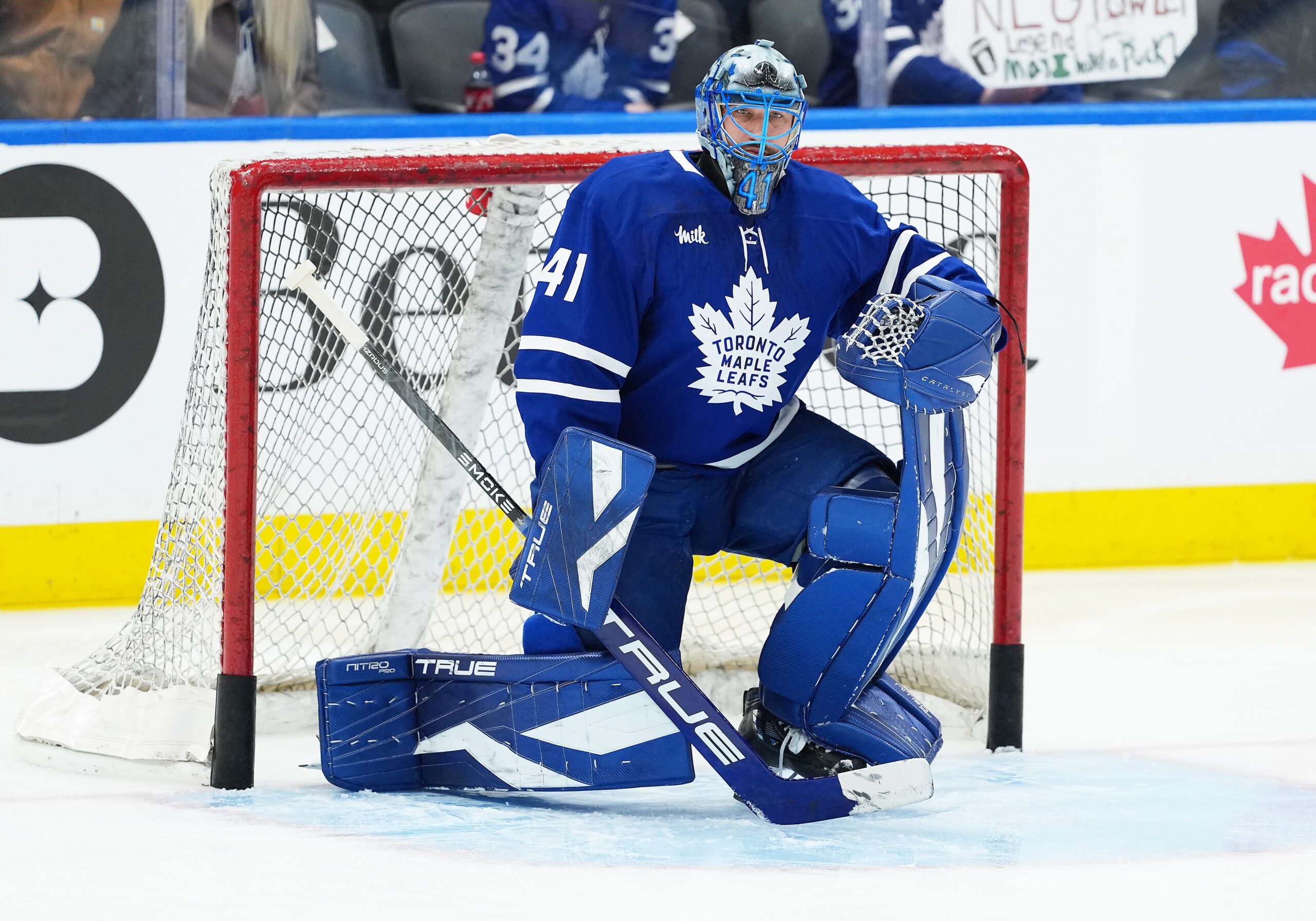 Jan 23, 2026; Toronto, Ontario, CAN; Toronto Maple Leafs goaltender Anthony Stolarz (41) takes pucks during the warmup before a game against the Vegas Golden Knights at Scotiabank Arena. Mandatory Credit: Nick Turchiaro-Imagn Images