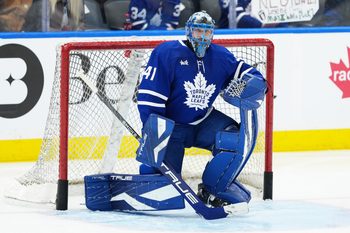 Jan 23, 2026; Toronto, Ontario, CAN; Toronto Maple Leafs goaltender Anthony Stolarz (41) takes pucks during the warmup before a game against the Vegas Golden Knights at Scotiabank Arena. Mandatory Credit: Nick Turchiaro-Imagn Images