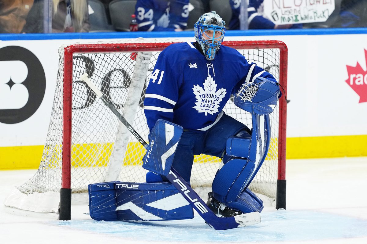 Jan 23, 2026; Toronto, Ontario, CAN; Toronto Maple Leafs goaltender Anthony Stolarz (41) takes pucks during the warmup before a game against the Vegas Golden Knights at Scotiabank Arena. Mandatory Credit: Nick Turchiaro-Imagn Images