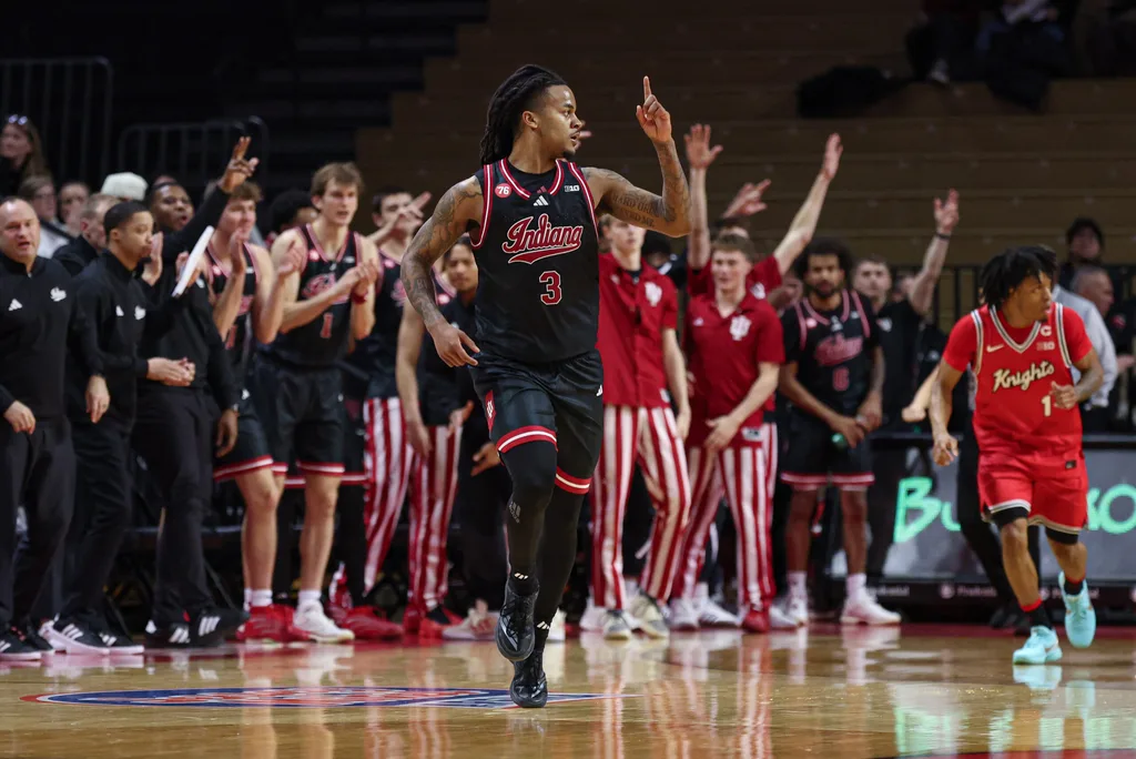 Jan 23, 2026; Piscataway, New Jersey, USA; Indiana Hoosiers guard Lamar Wilkerson (3) reacts after a theree point basket during the second half against the Rutgers Scarlet Knights at Jersey Mike's Arena. Mandatory Credit: Vincent Carchietta-Imagn Images