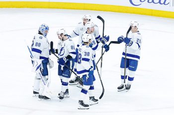 Jan 23, 2026; Chicago, Illinois, USA; Tampa Bay Lightning players celebrate after defeating the Chicago Blackhawks at United Center. Mandatory Credit: Kamil Krzaczynski-Imagn Images