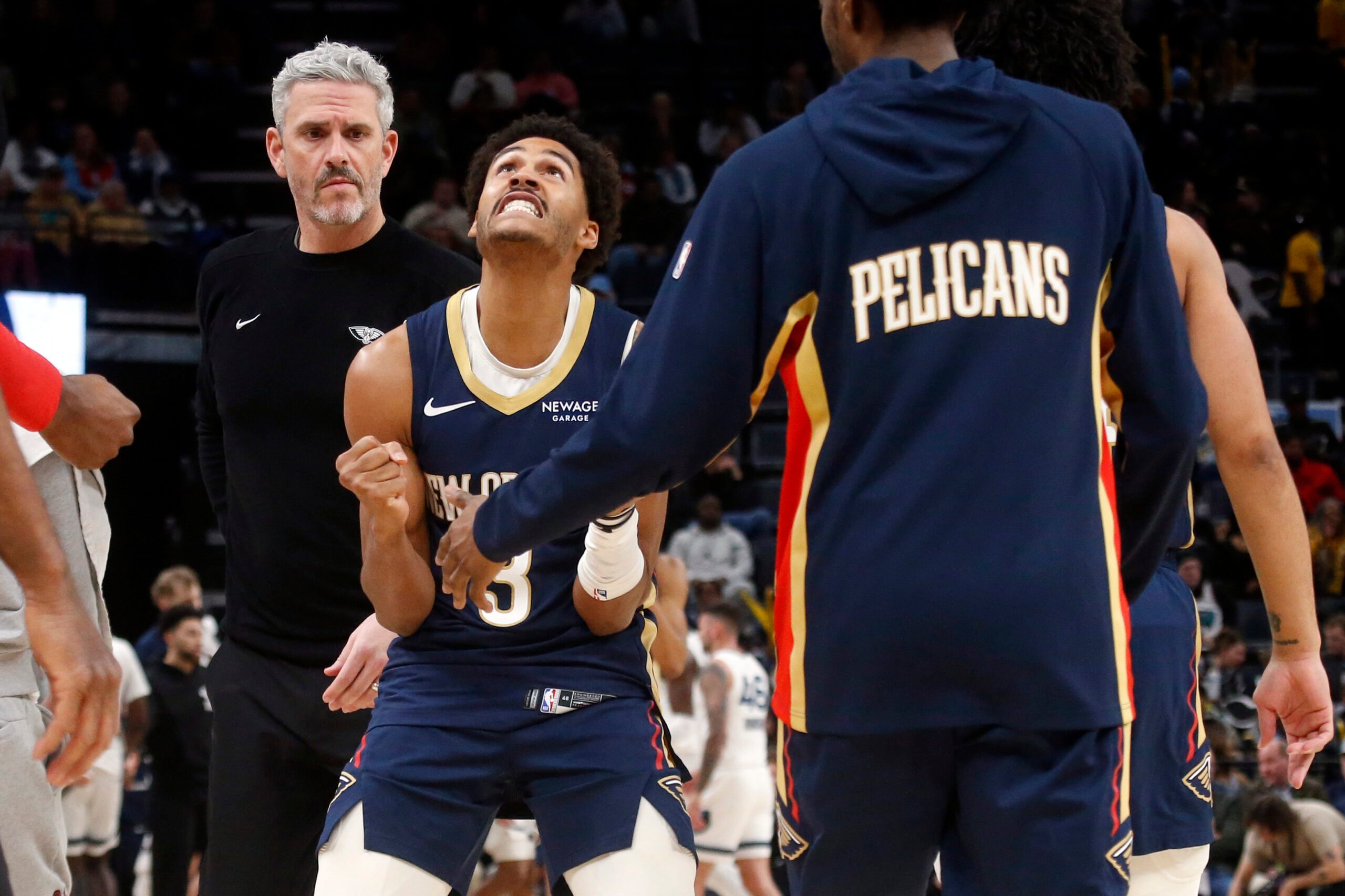 Jan 23, 2026; Memphis, Tennessee, USA; New Orleans Pelicans guard Jordan Poole (3) reacts during a timeout during the second half against the Memphis Grizzlies at FedExForum. Mandatory Credit: Petre Thomas-Imagn Images