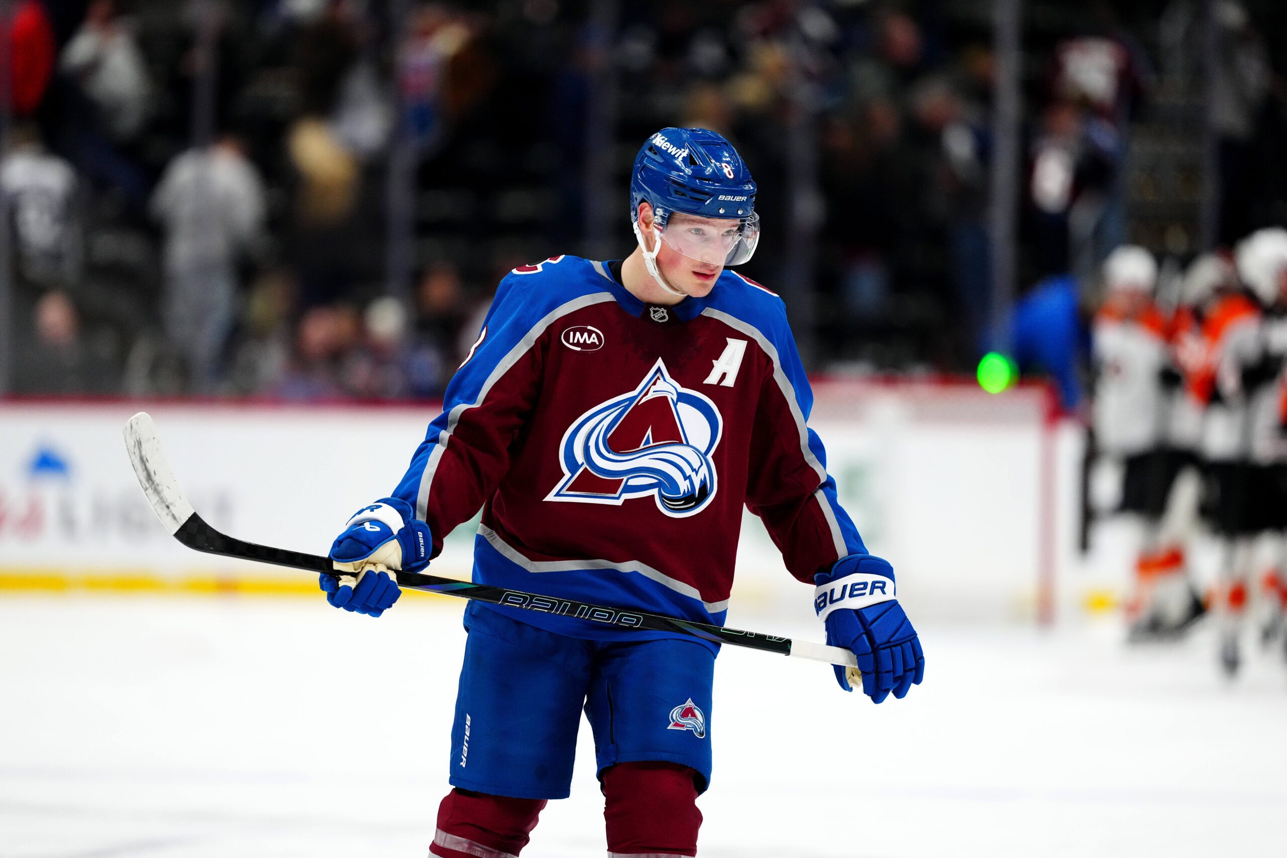 Jan 23, 2026; Denver, Colorado, USA; Colorado Avalanche center Nathan MacKinnon (29) looks on after a loss to the Philadelphia Flyers at Ball Arena. Mandatory Credit: Ron Chenoy-Imagn Images
