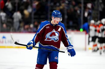 Jan 23, 2026; Denver, Colorado, USA; Colorado Avalanche center Nathan MacKinnon (29) looks on after a loss to the Philadelphia Flyers at Ball Arena. Mandatory Credit: Ron Chenoy-Imagn Images