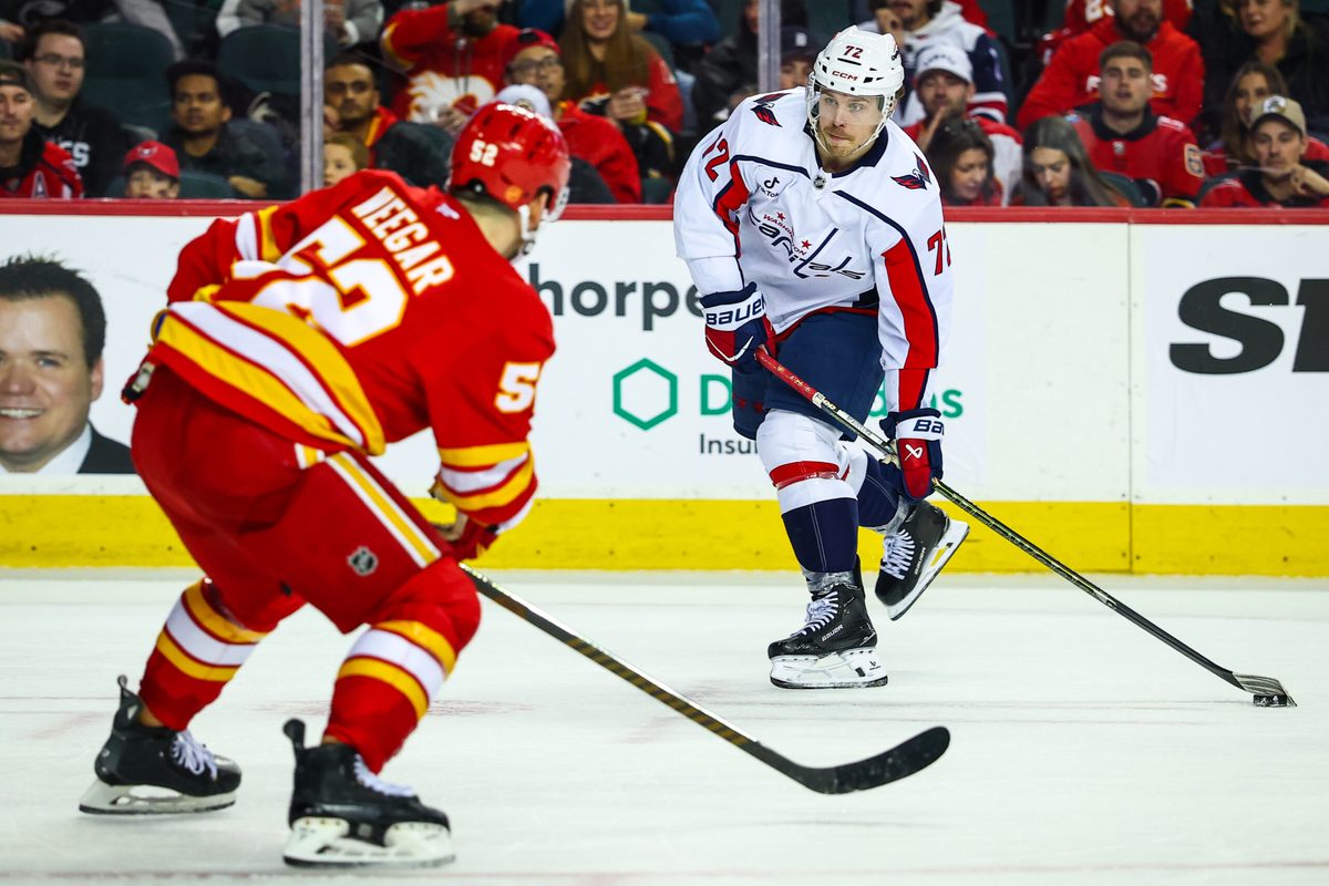 Jan 23, 2026; Calgary, Alberta, CAN; Washington Capitals left wing Anthony Beauvillier (72) controls the puck against the Calgary Flames during the third period at Scotiabank Saddledome. Mandatory Credit: Sergei Belski-Imagn Images