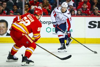 Jan 23, 2026; Calgary, Alberta, CAN; Washington Capitals left wing Anthony Beauvillier (72) controls the puck against the Calgary Flames during the third period at Scotiabank Saddledome. Mandatory Credit: Sergei Belski-Imagn Images