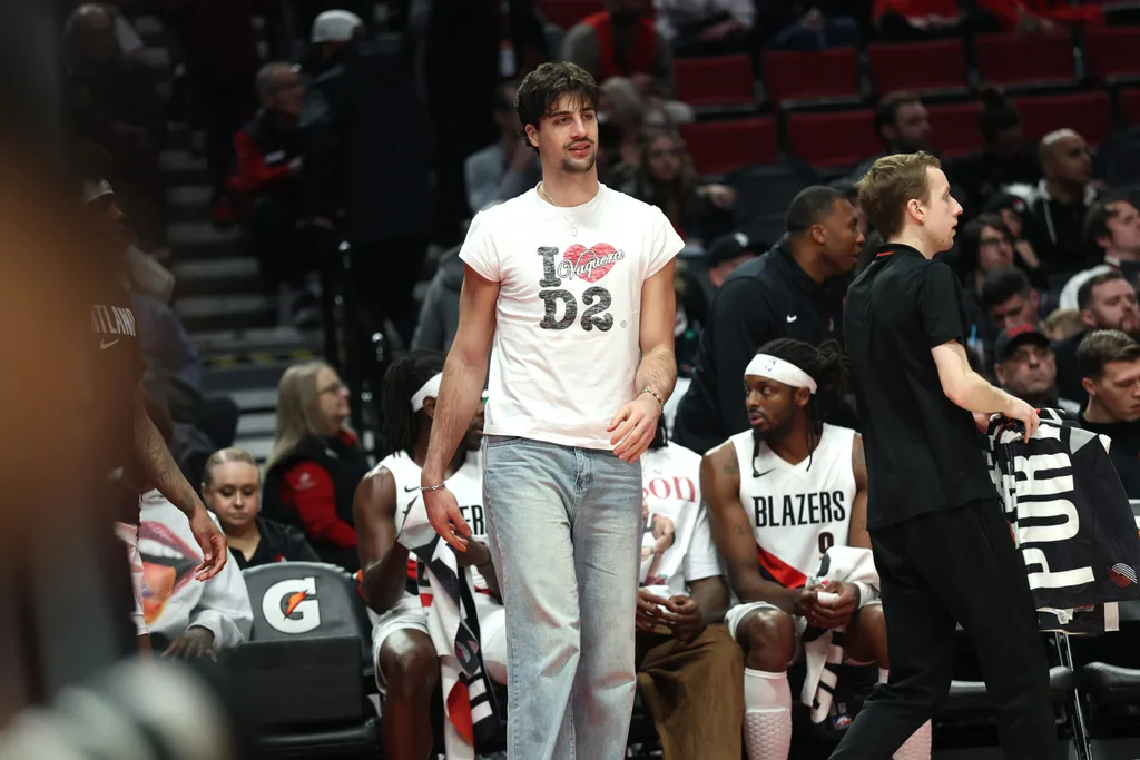 Jan 23, 2026; Portland, Oregon, USA; Portland Trail Blazers forward Deni Avdija (8) didn’t play against the Toronto Raptors during the second half at Moda Center. Mandatory Credit: Jaime Valdez-Imagn Images