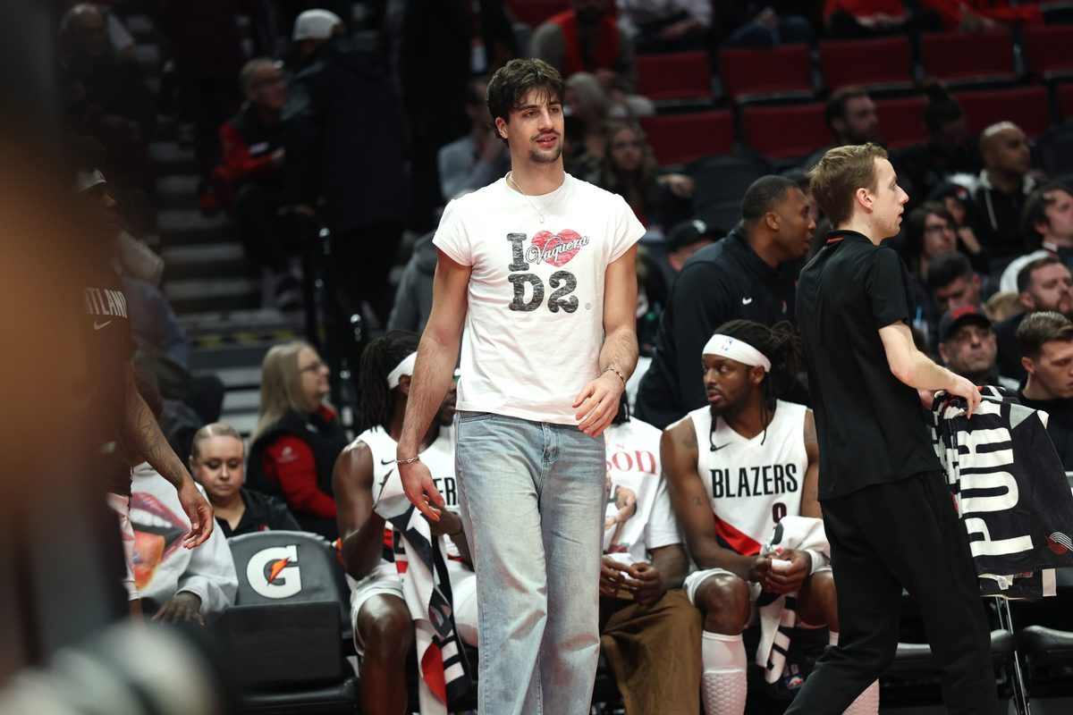 Jan 23, 2026; Portland, Oregon, USA; Portland Trail Blazers forward Deni Avdija (8) didn’t play against the Toronto Raptors during the second half at Moda Center. Mandatory Credit: Jaime Valdez-Imagn Images