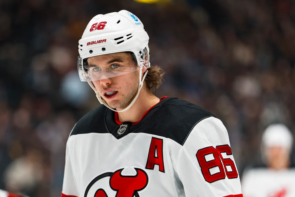 Jan 23, 2026; Vancouver, British Columbia, CAN; New Jersey Devils forward Jack Hughes (86) looks on during a stop in play against the Vancouver Canucks in the first period at Rogers Arena. Mandatory Credit: Bob Frid-Imagn Images