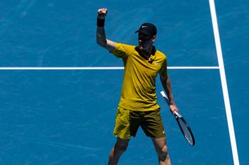 Jan 24, 2026; Melbourne, Victoria, Australia; Jannik Sinner of Italy in action against Eliot Spizzirri of United States in the third round of the menís singles at the Australian Open at Rod Laver Arena in Melbourne Park. Mandatory Credit: Mike Frey-Imagn Images