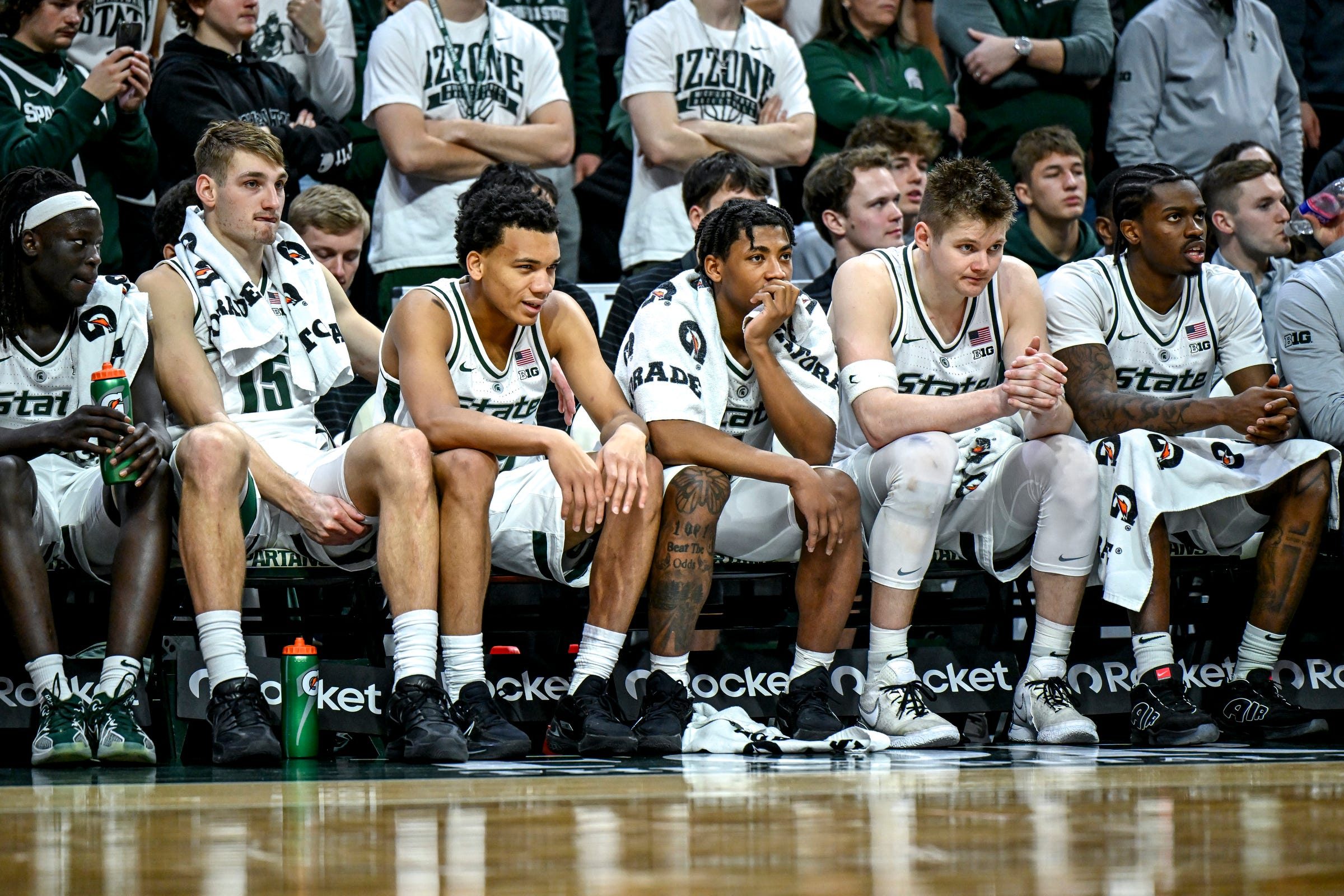 From left, Michigan State's Kur Teng, Carson Cooper, Divine Ugochukwu, Jeremy Fears Jr., Jaxon Kohler and Coen Carr looks on from the bench during the second half in the game against Maryland on Saturday, Jan. 24, 2026, at the Breslin Center in East Lansing.