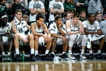 From left, Michigan State's Kur Teng, Carson Cooper, Divine Ugochukwu, Jeremy Fears Jr., Jaxon Kohler and Coen Carr looks on from the bench during the second half in the game against Maryland on Saturday, Jan. 24, 2026, at the Breslin Center in East Lansing.
