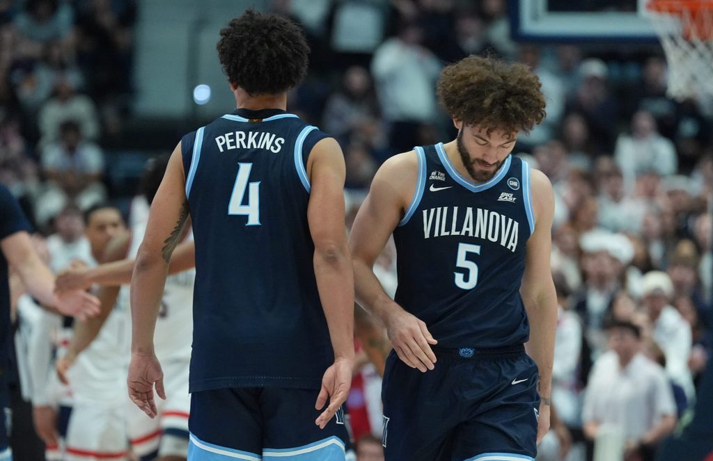 Jan 24, 2026; Storrs, Connecticut, USA; Villanova Wildcats guard Devin Askew (5) and guard Devin Askew (5) return up court against the UConn Huskies in the second half at Harry A. Gampel Pavilion. Mandatory Credit: David Butler II-Imagn Images