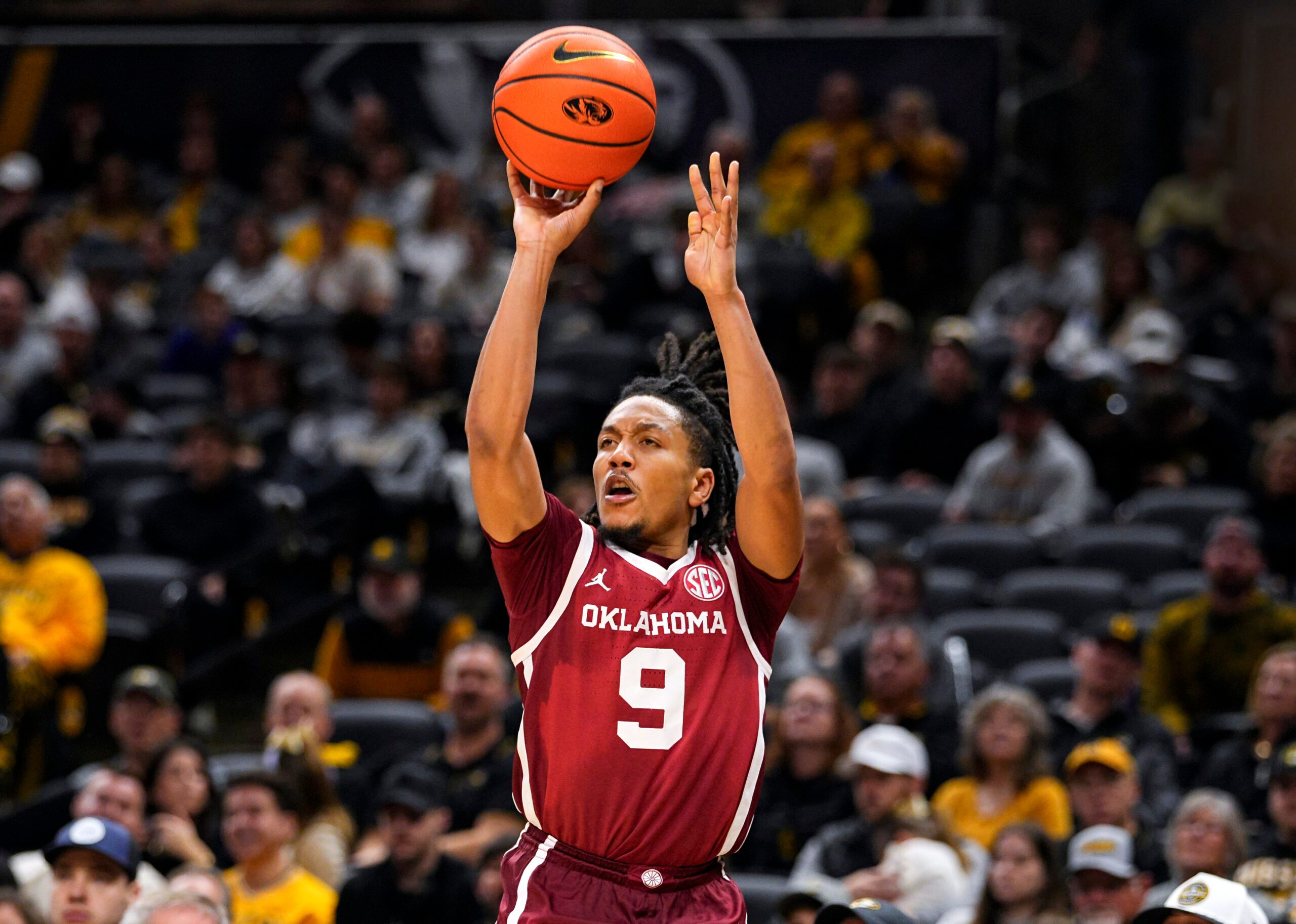 Jan 24, 2026; Columbia, Missouri, USA; Oklahoma Sooners guard Nijel Pack (9) shoots during the second half against the Missouri Tigers at Mizzou Arena. Mandatory Credit: Jay Biggerstaff-Imagn Images
