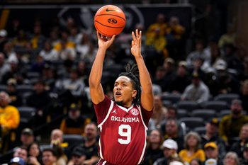 Jan 24, 2026; Columbia, Missouri, USA; Oklahoma Sooners guard Nijel Pack (9) shoots during the second half against the Missouri Tigers at Mizzou Arena. Mandatory Credit: Jay Biggerstaff-Imagn Images
