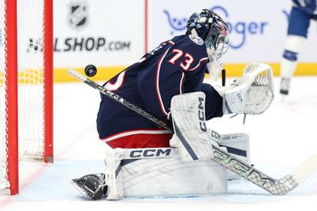 Jan 24, 2026; Columbus, Ohio, USA;  Columbus Blue Jackets goaltender Jet Greaves (73) allows a goal to go past him during the first period against the Tampa Bay Lightning at Nationwide Arena. Mandatory Credit: Joseph Maiorana-Imagn Images