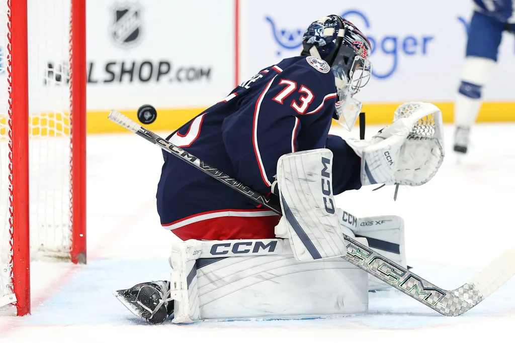 Jan 24, 2026; Columbus, Ohio, USA; Columbus Blue Jackets goaltender Jet Greaves (73) allows a goal to go past him during the first period against the Tampa Bay Lightning at Nationwide Arena. Mandatory Credit: Joseph Maiorana-Imagn Images