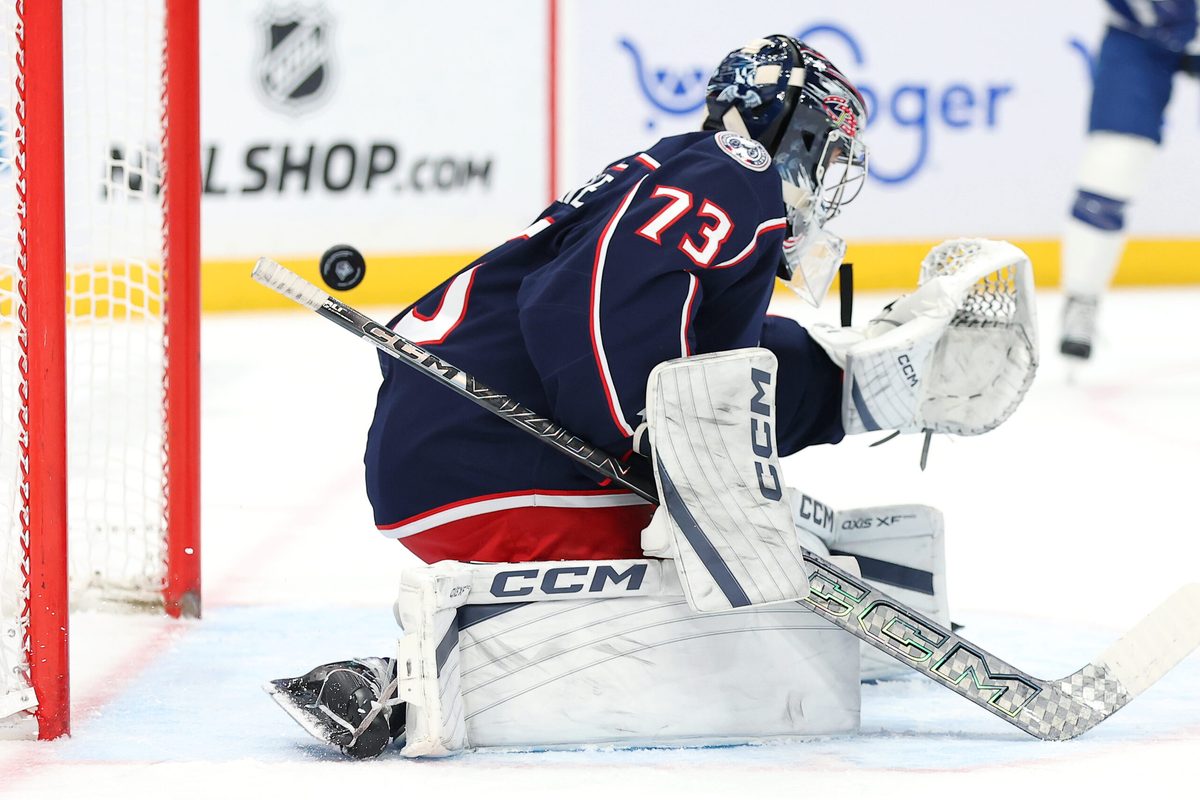 Jan 24, 2026; Columbus, Ohio, USA; Columbus Blue Jackets goaltender Jet Greaves (73) allows a goal to go past him during the first period against the Tampa Bay Lightning at Nationwide Arena. Mandatory Credit: Joseph Maiorana-Imagn Images