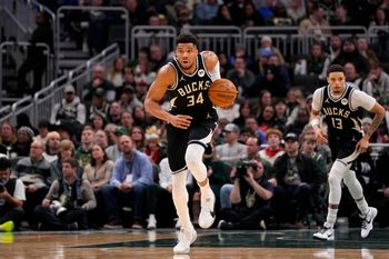 Jan 23, 2026; Milwaukee, Wisconsin, USA;  Milwaukee Bucks forward Giannis Antetokounmpo (34) during the game against the Denver Nuggets at Fiserv Forum. Mandatory Credit: Jeff Hanisch-Imagn Images