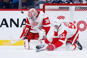 Jan 24, 2026; Winnipeg, Manitoba, CAN; Detroit Red Wings goalie Josh Gibson (36) makes a save on a shot by the Winnipeg Jets during the first period at Canada Life Centre. Mandatory Credit: Terrence Lee-Imagn Images