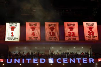 Jan 24, 2026; Chicago, Illinois, USA; The jersey of former Chicago Bulls player Derrick Rose is unveiled during his retirement ceremony at United Center. Mandatory Credit: Kamil Krzaczynski-Imagn Images