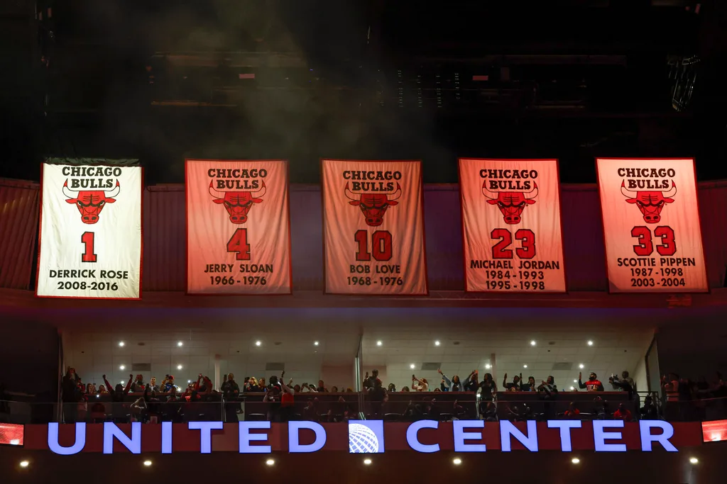 Jan 24, 2026; Chicago, Illinois, USA; The jersey of former Chicago Bulls player Derrick Rose is unveiled during his retirement ceremony at United Center. Mandatory Credit: Kamil Krzaczynski-Imagn Images