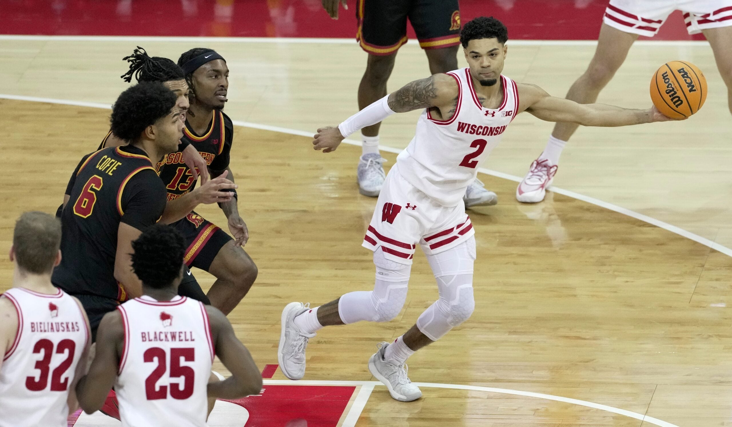Wisconsin guard Nick Boyd (2) passes the ball during the first half of their game against USC Sunday, January 25, 2026 at the Kohl Center in Madison, Wisconsin.