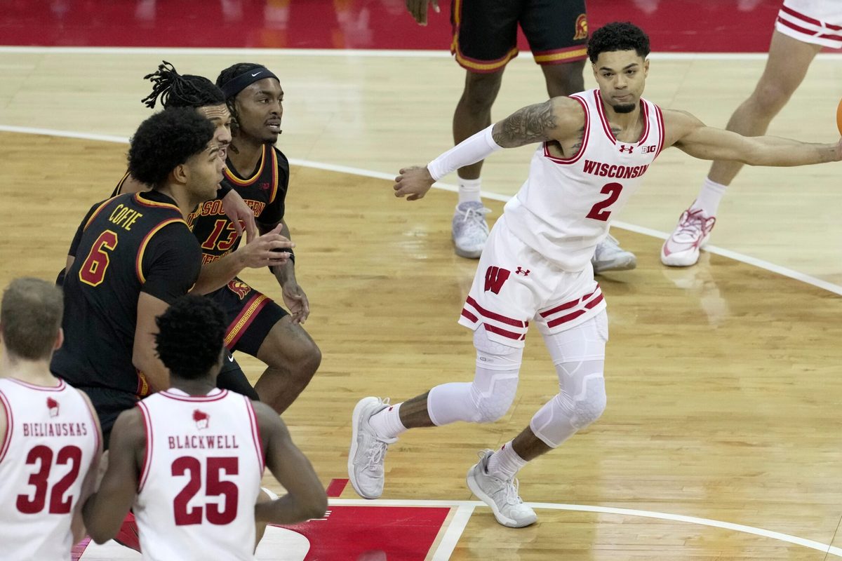Wisconsin guard Nick Boyd (2) passes the ball during the first half of their game against USC Sunday, January 25, 2026 at the Kohl Center in Madison, Wisconsin.