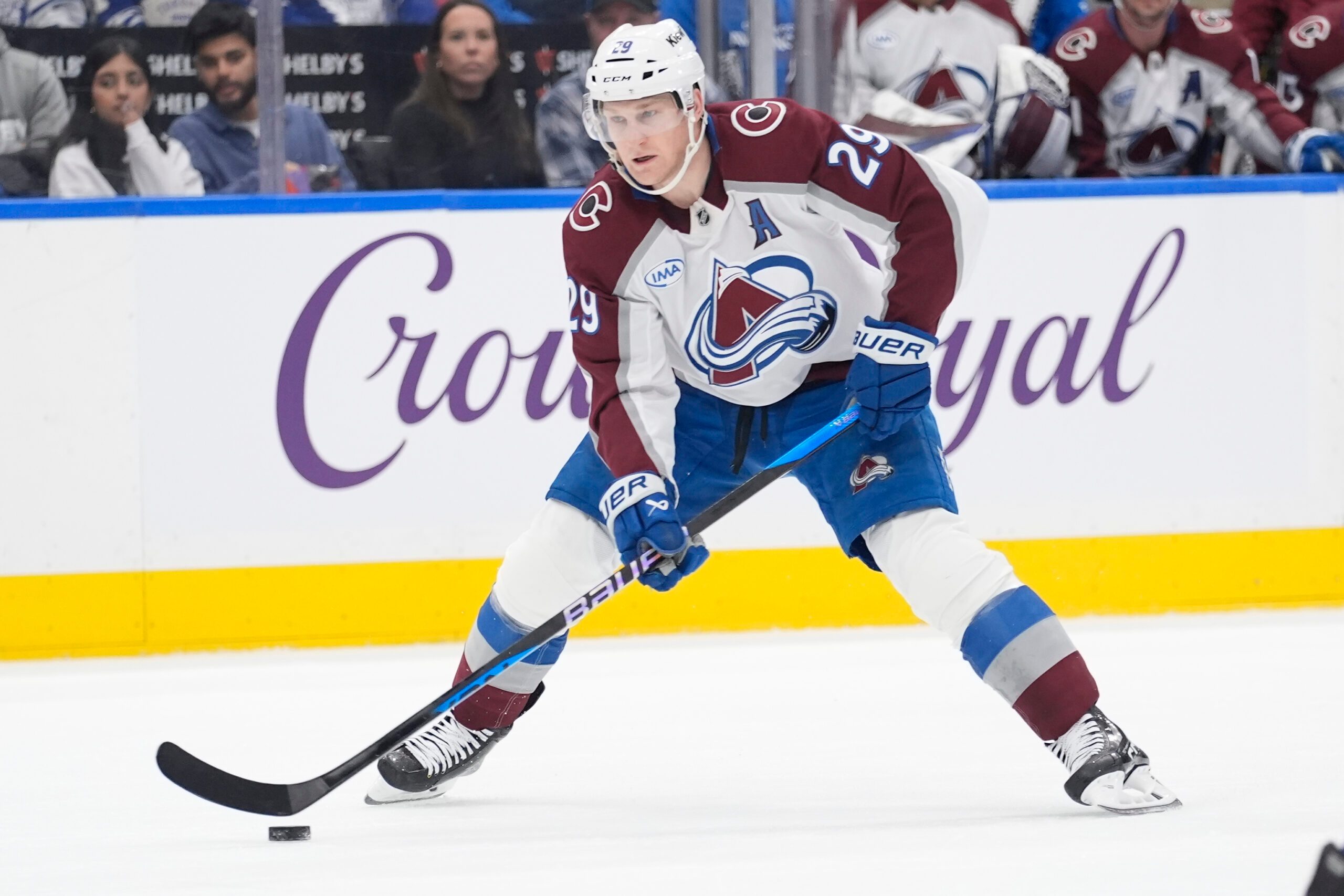 Jan 25, 2026; Toronto, Ontario, CAN; Colorado Avalanche forward Nathan MacKinnon (29) carries the puck against the Toronto Maple Leafs during the second period at Scotiabank Arena. Mandatory Credit: John E. Sokolowski-Imagn Images