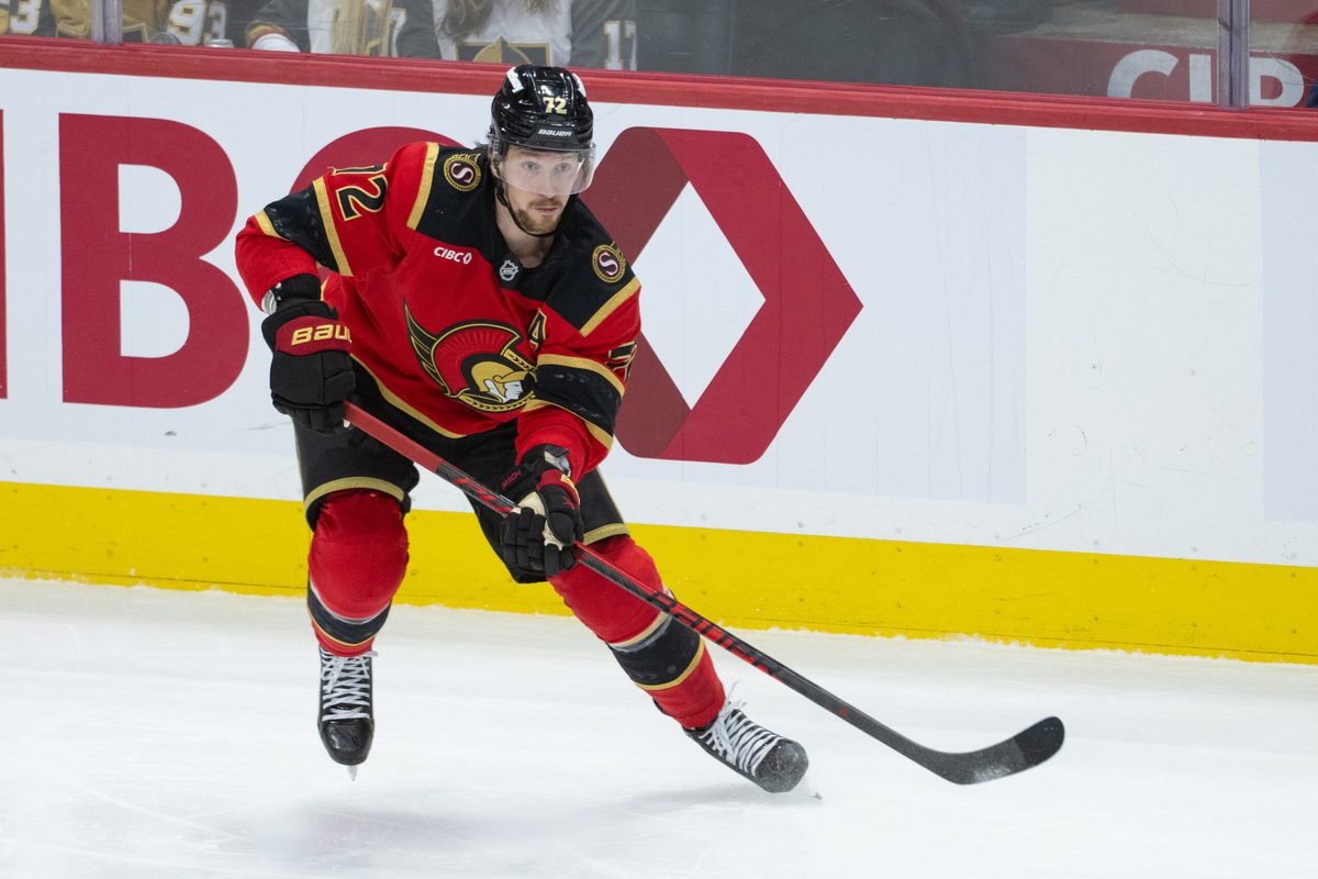 Jan 25, 2026; Ottawa, Ontario, CAN; Ottawa Senators defenseman Thomas Chabot (72) follows the puck in the third period against the Vegas Golden Knights at the Canadian Tire Centre. Mandatory Credit: Marc DesRosiers-IMAGN Images