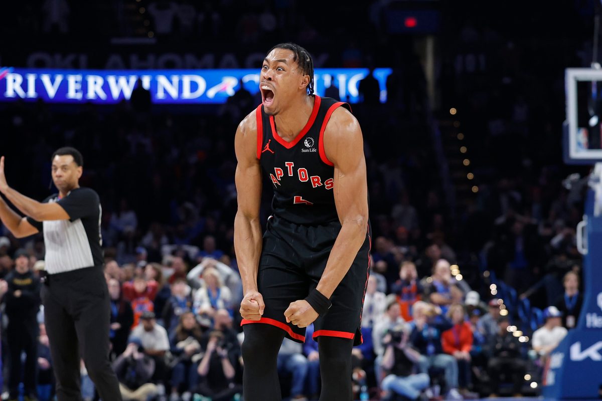 Jan 25, 2026; Oklahoma City, Oklahoma, USA; Toronto Raptors forward/guard Scottie Barnes (4) celebrates after scoring against the Oklahoma City Thunder during the second half at Paycom Center. Mandatory Credit: Alonzo Adams-Imagn Images