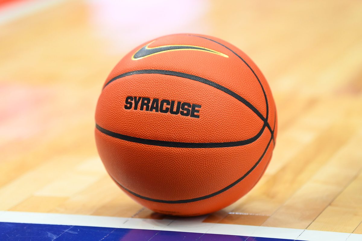 Jan 24, 2026; Syracuse, New York, USA; General view of a Nike Syracuse Orange basketball during the first half of the game against the Miami Hurricanes at the JMA Wireless Dome. Mandatory Credit: Rich Barnes-Imagn Images