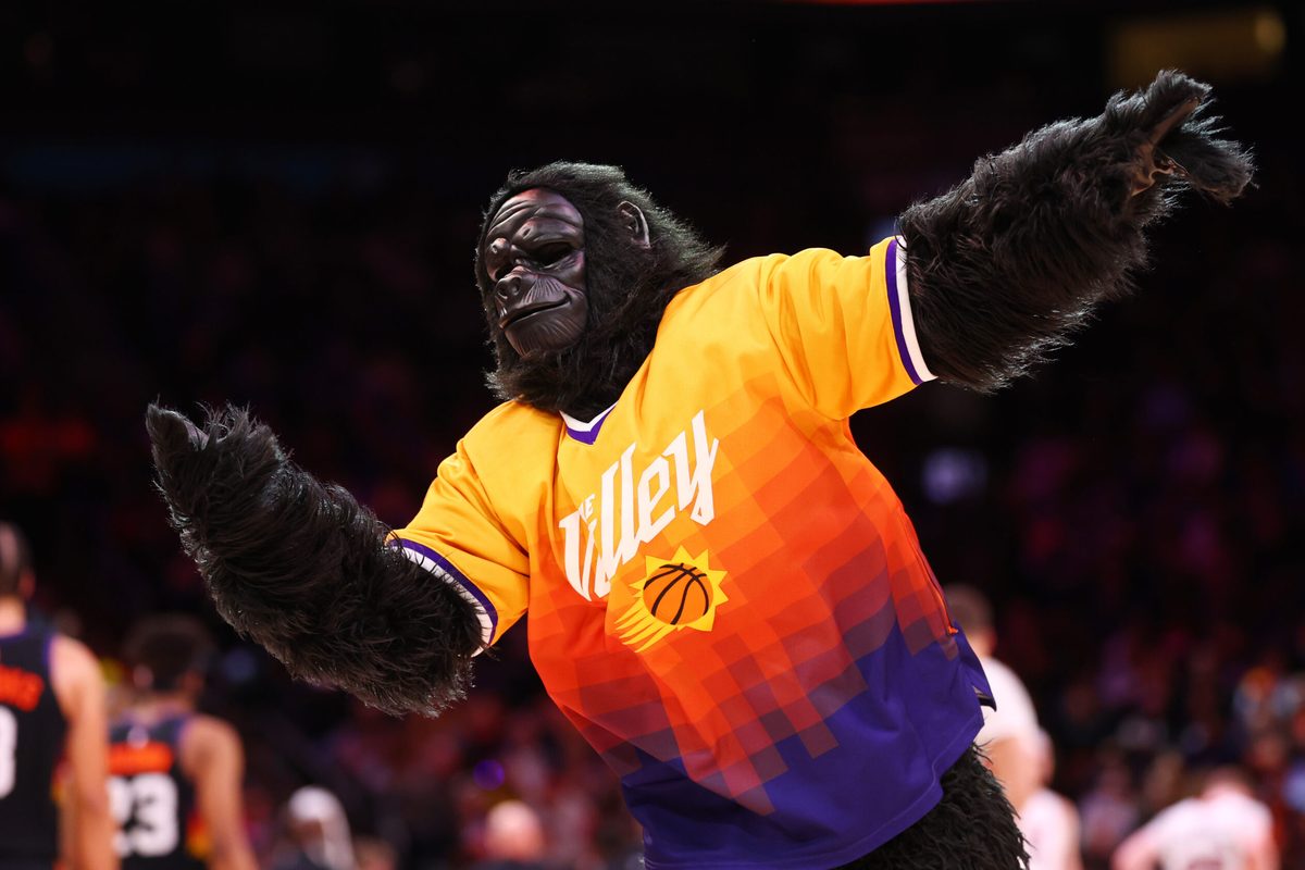 Jan 25, 2026; Phoenix, Arizona, USA; The Phoenix Suns mascot The Gorilla at Mortgage Matchup Center. Mandatory Credit: Mark J. Rebilas-Imagn Images