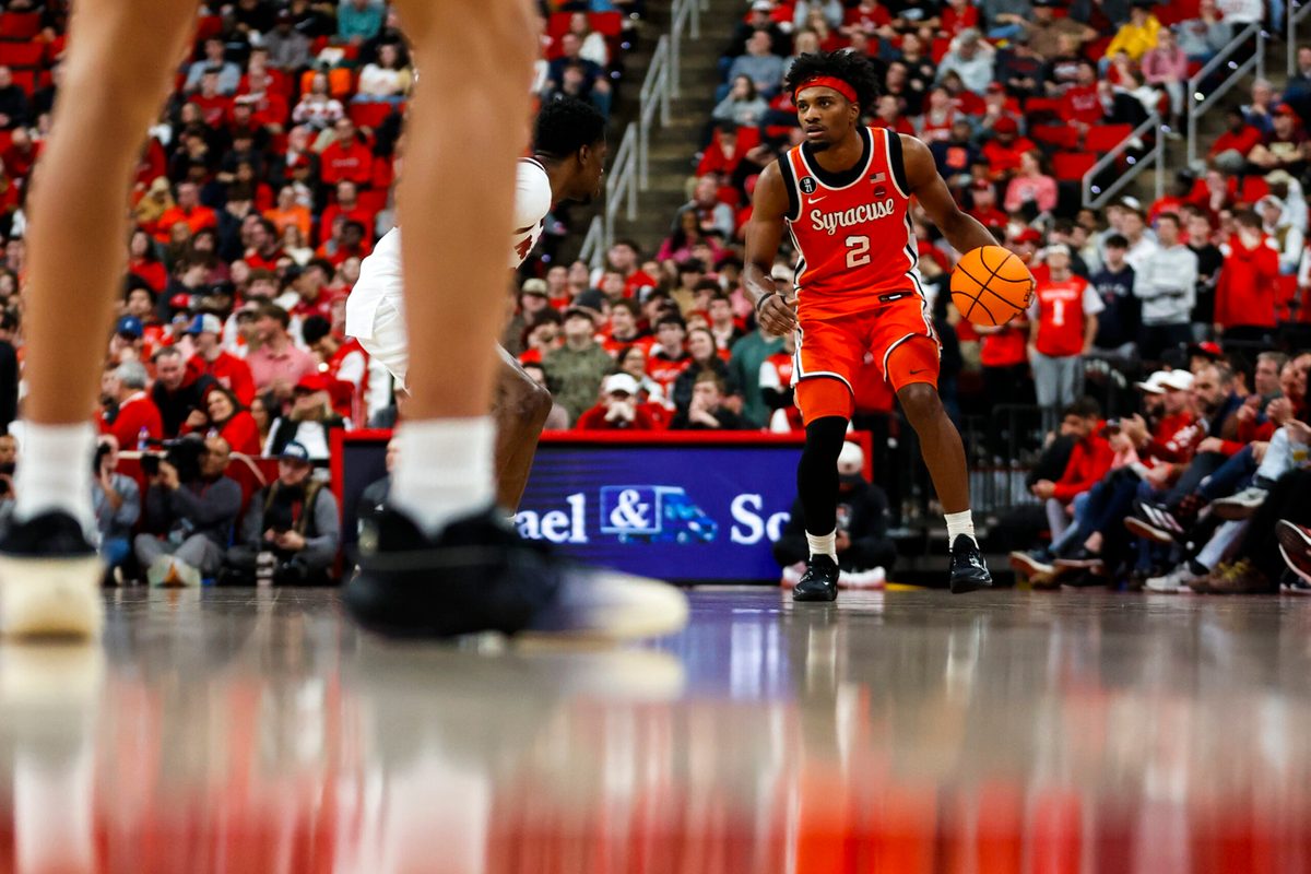 Jan 27, 2026; Raleigh, North Carolina, USA; Syracuse Orange guard JJ Starling (2) dribbles the ball down the court during the second half of the game against the NC State Wolfpack at Lenovo Center. Mandatory Credit: Jaylynn Nash-Imagn Images