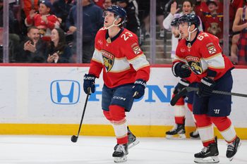 Jan 27, 2026; Sunrise, Florida, USA; Florida Panthers center Carter Verhaeghe (23) looks on after scoring against the Utah Mammoth during the third period at Amerant Bank Arena. Mandatory Credit: Sam Navarro-Imagn Images