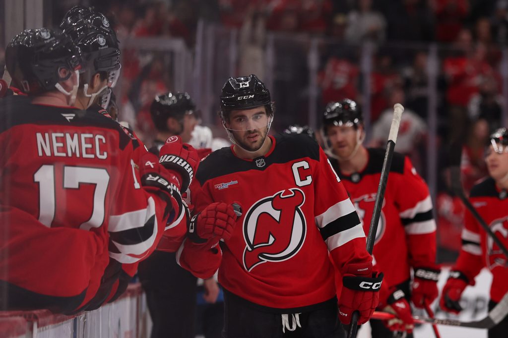 Jan 27, 2026; Newark, New Jersey, USA; New Jersey Devils center Nico Hischier (13) celebrates his goal against the Winnipeg Jets during the third period at Prudential Center. Mandatory Credit: Ed Mulholland-Imagn Images