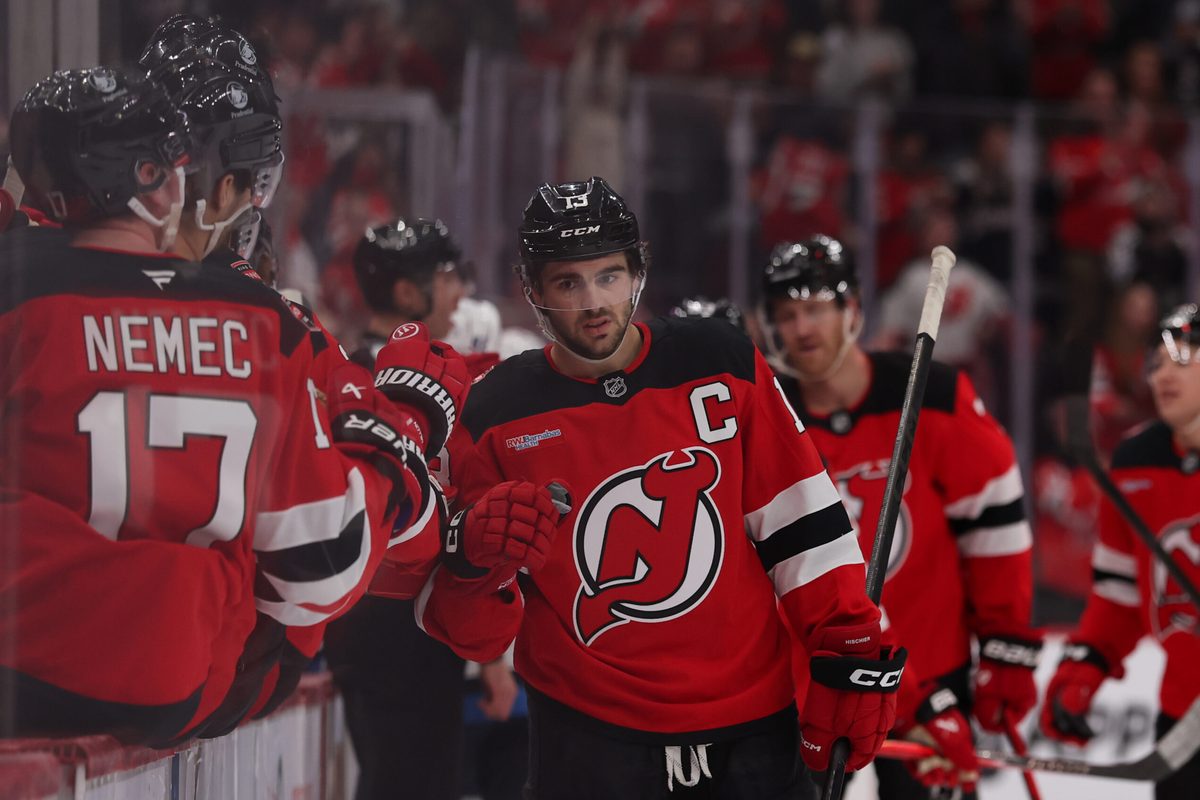 Jan 27, 2026; Newark, New Jersey, USA; New Jersey Devils center Nico Hischier (13) celebrates his goal against the Winnipeg Jets during the third period at Prudential Center. Mandatory Credit: Ed Mulholland-Imagn Images
