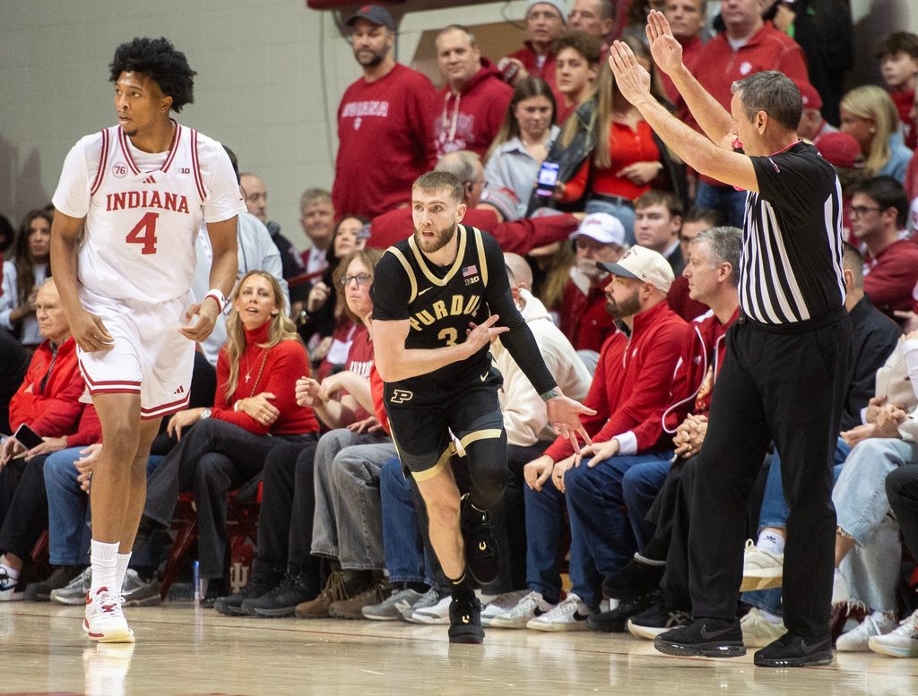 Purdue's Braden Smith (3) reacts to making a basket during the Indiana versus Purdue mens basketball game at Simon Skjodt Assembly Hall on Tuesday, Jan. 27, 2026.