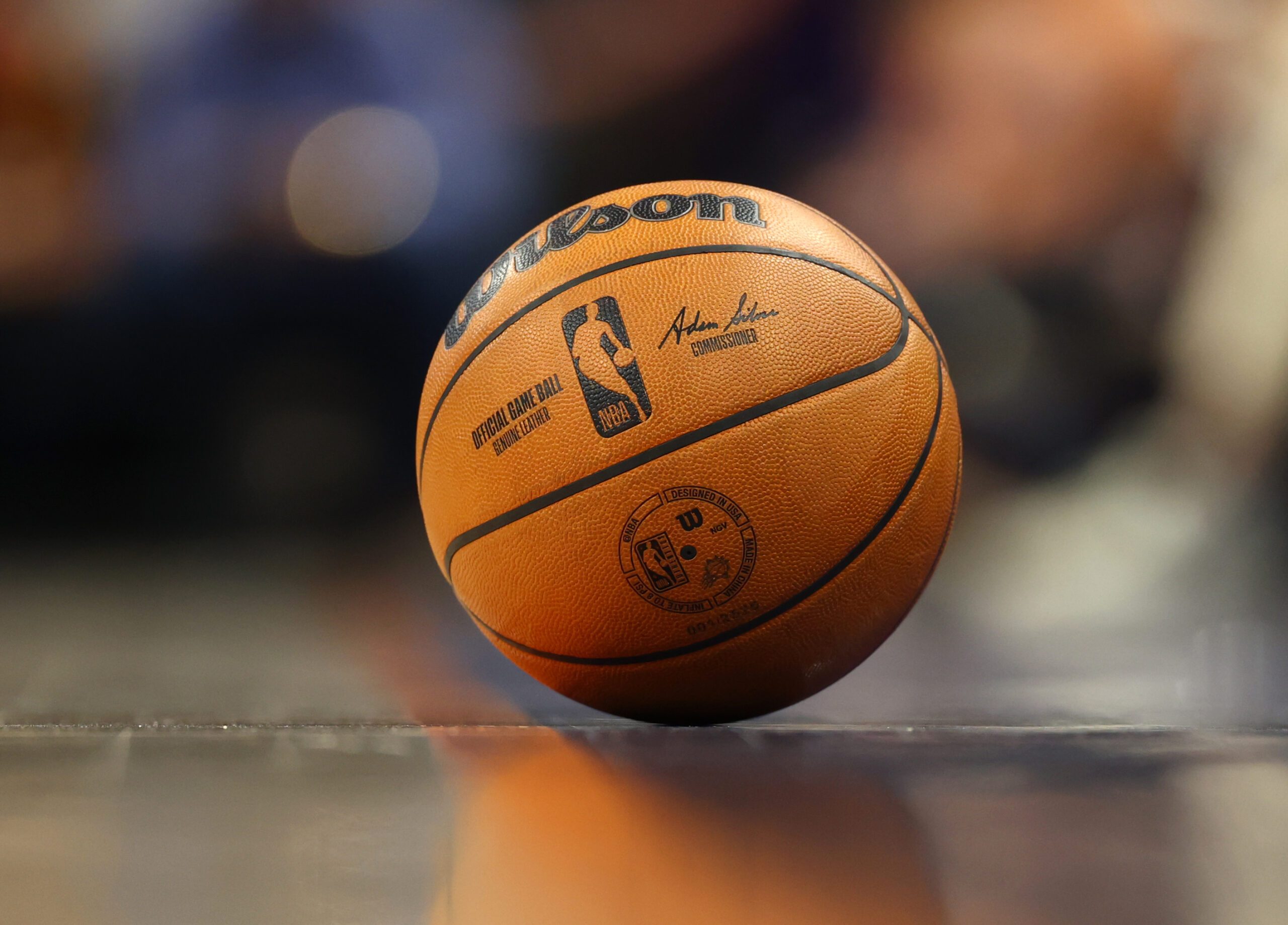 Jan 27, 2026; Phoenix, Arizona, USA; Detailed view of an official Wilson NBA Basketball during the Phoenix Suns game against the Brooklyn Nets in the first half at Mortgage Matchup Center. Mandatory Credit: Mark J. Rebilas-Imagn Images
