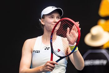Jan 28, 2026; Melbourne, Victoria, Australia; Elena Rybakina of Kazakhstan celebrates her victory over Iga Swiatek of Poland in the quarterfinals of the women’s singles at the Australian Open at Rod Laver Arena in Melbourne Park. Mandatory Credit: Mike Frey-Imagn Images