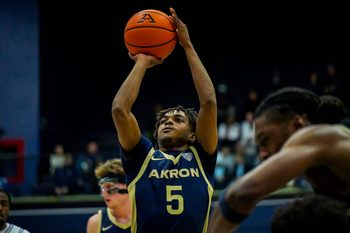University of Akron’s Tavari Johnson (5) shoots in a game against Toledo, Jan. 27, 2026, at James A Rhodes Arena in Akron, Ohio.