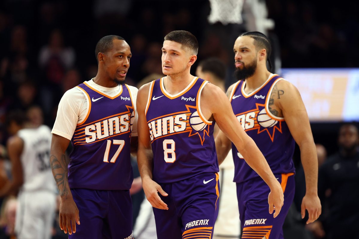 Jan 27, 2026; Phoenix, Arizona, USA; Phoenix Suns guard Grayson Allen (8) with Jamaree Bouyea (17) and Dillon Brooks against the Brooklyn Nets in the second half at Mortgage Matchup Center. Mandatory Credit: Mark J. Rebilas-Imagn Images