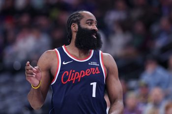 Jan 27, 2026; Salt Lake City, Utah, USA; LA Clippers guard James Harden (1) reacts after a shot against the Utah Jazz during the second half at Delta Center. Mandatory Credit: Rob Gray-Imagn Images
