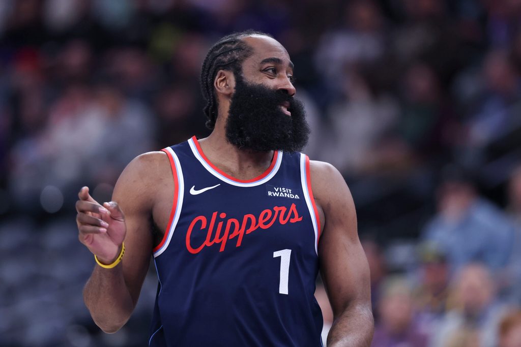 Jan 27, 2026; Salt Lake City, Utah, USA; LA Clippers guard James Harden (1) reacts after a shot against the Utah Jazz during the second half at Delta Center. Mandatory Credit: Rob Gray-Imagn Images
