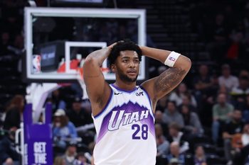 Jan 27, 2026; Salt Lake City, Utah, USA; Utah Jazz forward Brice Sensabaugh (28) reacts after a play against the LA Clippers during the second half at Delta Center. Mandatory Credit: Rob Gray-Imagn Images