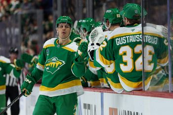 Jan 27, 2026; Saint Paul, Minnesota, USA; Minnesota Wild center Joel Eriksson Ek (14) celebrates his goal against the Chicago Blackhawks during the third period at Grand Casino Arena. Mandatory Credit: Matt Krohn-Imagn Images