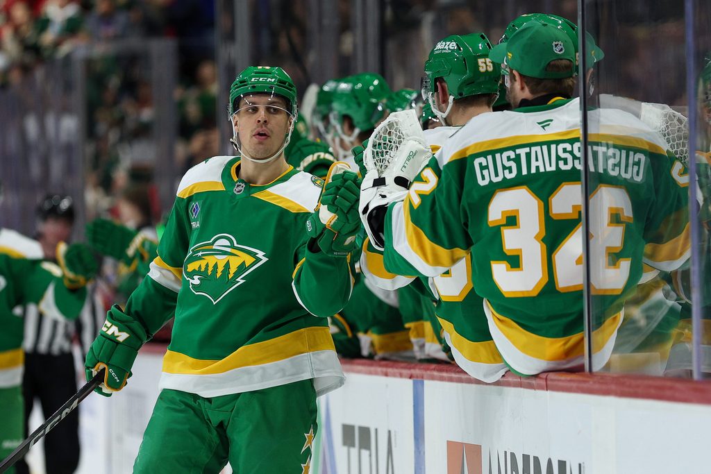 Jan 27, 2026; Saint Paul, Minnesota, USA; Minnesota Wild center Joel Eriksson Ek (14) celebrates his goal against the Chicago Blackhawks during the third period at Grand Casino Arena. Mandatory Credit: Matt Krohn-Imagn Images
