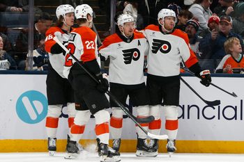 Jan 28, 2026; Columbus, Ohio, USA; Philadelphia Flyers right wing Travis Konecny (11) celebrates his goal against the Columbus Blue Jackets during the first period at Nationwide Arena. Mandatory Credit: Russell LaBounty-Imagn Images